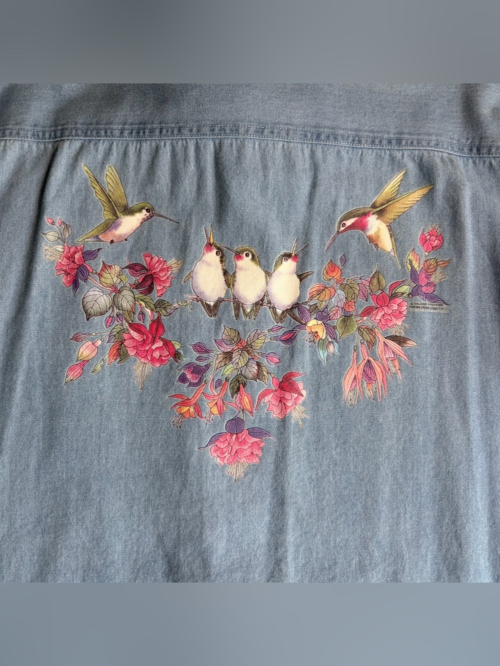 VTG 90’s Blue Denim Cotton Button-Down Shirt L Hummingbird Granny Cottagecore